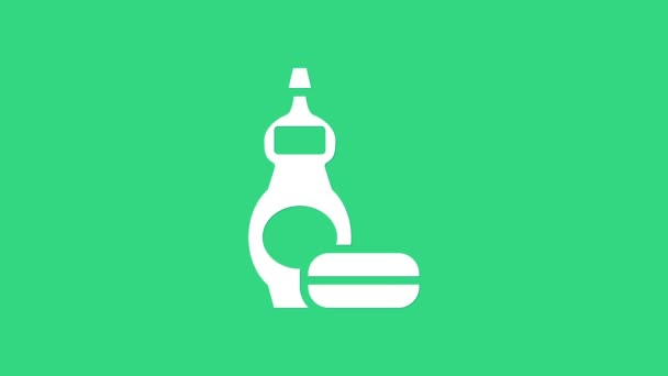 Bílá myčka nádobí tekuté láhev ikona izolované na zeleném pozadí. Tekutý prací prášek na mytí nádobí. Grafická animace pohybu videa 4K — Stock video
