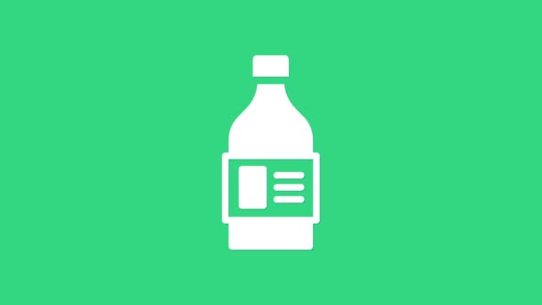 洗濯洗剤、漂白剤、食器洗浄液、または緑の背景に隔離された別の洗浄剤アイコンのための白いプラスチックボトル。4Kビデオモーショングラフィックアニメーション — ストック動画