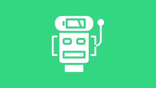 緑の背景に隔離されたホワイトロボット低バッテリ充電アイコン。人工知能、機械学習、クラウドコンピューティング。4Kビデオモーショングラフィックアニメーション — ストック動画