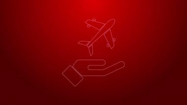 Yeşil Çizgili Uçak kırmızı arkaplanda el simgesi izole edildi. Uçan uçak. Uçak sigortası. Güvenlik, güvenlik, koruma, konsept koruma. 4K Video hareketli grafik canlandırması