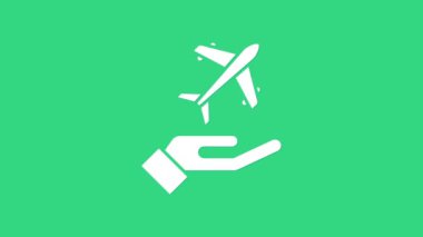 Beyaz Uçak 'ın el resmi yeşil arkaplanda izole edildi. Uçan uçak. Uçak sigortası. Güvenlik, güvenlik, koruma, konsept koruma. 4K Video hareketli grafik canlandırması