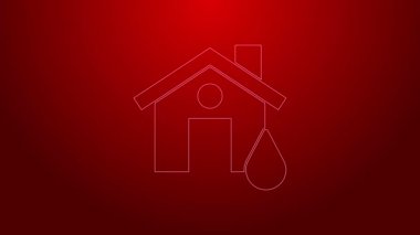 Yeşil çizgi ev sel ikonu kırmızı arkaplanda izole edildi. Suyun altındaki evi sel basıyor. Sigorta konsepti. Güvenlik, güvenlik, koruma, konsept koruma. 4K Video hareketli grafik canlandırması