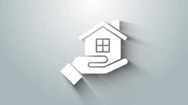 Beyaz Saray 'ın el resmi gri arka planda izole edildi. Sigorta konsepti. Güvenlik, güvenlik, koruma, konsept koruma. 4K Video hareketli grafik canlandırması