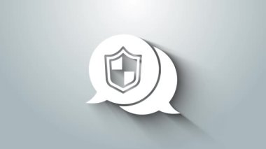 Beyaz Konum kalkan simgesi gri arkaplanda izole edildi. Sigorta konsepti. Gardiyan. Güvenlik, güvenlik, koruma, gizlilik kavramı. 4K Video hareketli grafik canlandırması