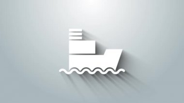 Gri arkaplanda beyaz gemi simgesi izole edildi. Sigorta konsepti. Güvenlik, güvenlik, koruma, konsept koruma. 4K Video hareketli grafik canlandırması