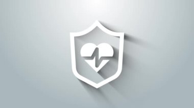 Beyaz Hayat Sigortası, gri arka planda izole edilmiş bir kalkan ikonu. Güvenlik, güvenlik, koruma, konsept koruma. 4K Video hareketli grafik canlandırması
