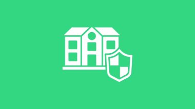 Yeşil arka planda kalkan simgesi olan Beyaz Saray. Sigorta konsepti. Güvenlik, güvenlik, koruma, konsept koruma. 4K Video hareketli grafik canlandırması