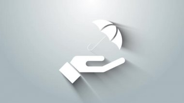 Beyaz Şemsiye 'nin el resmi gri arkaplanda izole edildi. Sigorta konsepti. Su geçirmez ikon. Koruma, güvenlik, güvenlik kavramı. 4K Video hareketli grafik canlandırması
