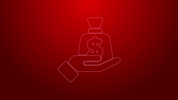 Zelená čára Peníze v ruce ikona izolované na červeném pozadí. Pojištění. Zabezpečení, bezpečnost, ochrana, koncepce ochrany. Grafická animace pohybu videa 4K — Stock video