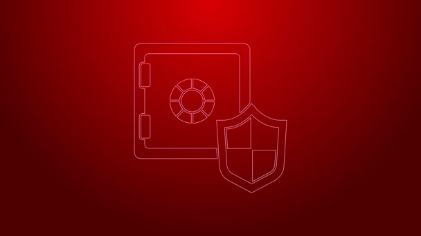 Green line Safe with shield icon isolated on red background. Insurance concept. Security, safety, protection, protect concept. 4K Video motion graphic animation — Stock Video