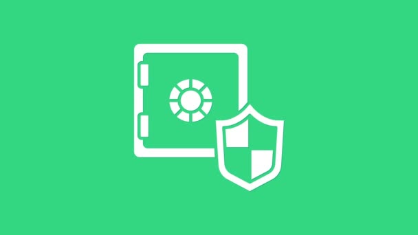 White Safe with shield icon isolated on green background. Insurance concept. Security, safety, protection, protect concept. 4K Video motion graphic animation — Stock Video