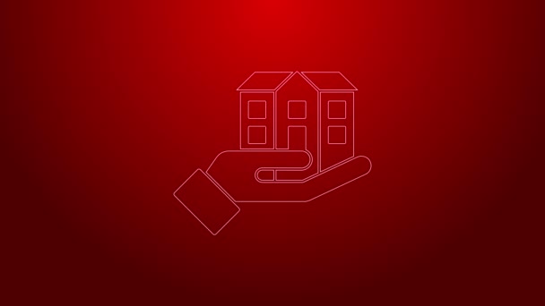Green line House in hand icon isolated on red background. Insurance concept. Security, safety, protection, protect concept. 4K Video motion graphic animation — Stock Video
