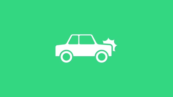 Witte auto pictogram geïsoleerd op groene achtergrond. Verzekeringsconcept. Beveiliging, veiligheid, bescherming, bescherming concept. 4K Video motion grafische animatie — Stockvideo