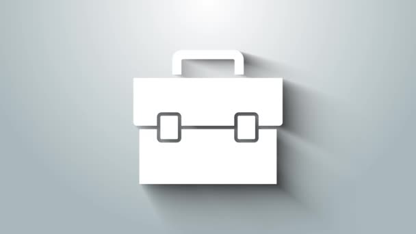 Biała ikona walizki odizolowana na szarym tle. Podpis sprawy biznesowej. Portfel biznesowy. 4K Animacja graficzna ruchu wideo — Wideo stockowe