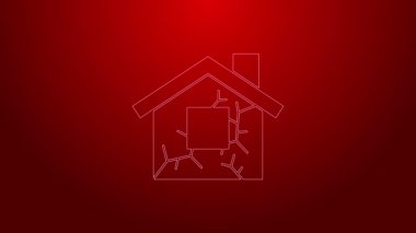 Yeşil çizgi ev simgesi kırmızı arkaplanda izole edildi. Sigorta konsepti. Güvenlik, güvenlik, koruma, konsept koruma. 4K Video hareketli grafik canlandırması