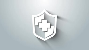 Beyaz Hayat Sigortası, gri arka planda izole edilmiş bir kalkan ikonu. Güvenlik, güvenlik, koruma, konsept koruma. 4K Video hareketli grafik canlandırması