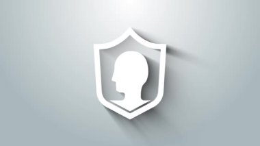 Beyaz Hayat Sigortası, gri arka planda izole edilmiş bir kalkan ikonu. Güvenlik, güvenlik, koruma, konsept koruma. 4K Video hareketli grafik canlandırması