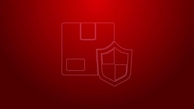 Yeşil hat teslimat güvenliği. Kırmızı arka planda kalkan simgesi var. Teslimat sigortası. Kalkanın ötesinde sigorta kutuları var. 4K Video hareketli grafik canlandırması