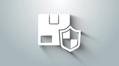 Gri arkaplanda kalkan simgesi olan beyaz teslimat güvenliği. Teslimat sigortası. Kalkanın ötesinde sigorta kutuları var. 4K Video hareketli grafik canlandırması