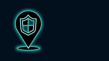 Parlayan neon hattı konum simgesi siyah arkaplanda izole edildi. Sigorta konsepti. Gardiyan. Güvenlik, güvenlik, koruma, gizlilik kavramı. 4K Video hareketli grafik canlandırması