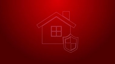 Kırmızı arka planda izole edilmiş kalkan simgesi olan yeşil çizgi evi. Sigorta konsepti. Güvenlik, güvenlik, koruma, konsept koruma. 4K Video hareketli grafik canlandırması