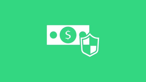 Białe pieniądze z ikoną tarczy izolowane na zielonym tle. Koncepcja ubezpieczenia. Ochrona, bezpieczeństwo, ochrona, ochrona koncepcji. 4K Animacja graficzna ruchu wideo — Wideo stockowe