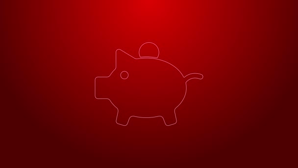 Ícone de banco Piggy linha verde isolado no fundo vermelho. Economia de ícone ou acumulação de dinheiro, investimento. Animação gráfica em movimento de vídeo 4K — Vídeo de Stock