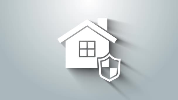 Bílý dům s ikonou štítu izolované na šedém pozadí. Pojištění. Zabezpečení, bezpečnost, ochrana, koncepce ochrany. Grafická animace pohybu videa 4K — Stock video