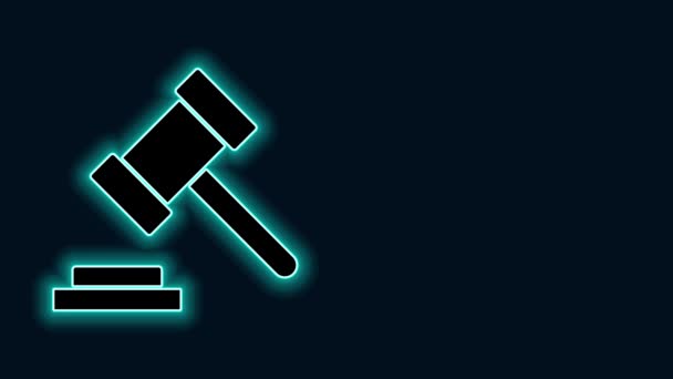 Glödande neon line Domare Gavel ikon isolerad på svart bakgrund. Gavel för dom av straff och räkningar, domstol, rättvisa. Auktionshammare. 4K Video motion grafisk animation — Stockvideo