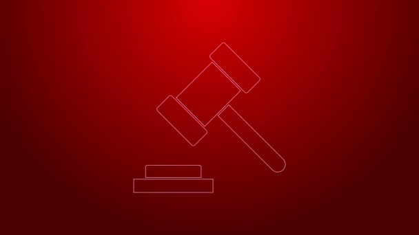 Grøn linje Dommer gavel ikon isoleret på rød baggrund. Gavel til afgørelse af domme og regninger, domstol, retfærdighed. Auktionshammer. 4K Video bevægelse grafisk animation – Stock-video
