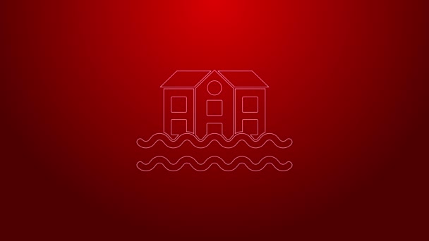 Yeşil çizgi ev sel ikonu kırmızı arkaplanda izole edildi. Suyun altındaki evi sel basıyor. Sigorta konsepti. Güvenlik, güvenlik, koruma, konsept koruma. 4K Video hareketli grafik canlandırması — Stok video