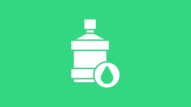 Witte grote fles met schoon water pictogram geïsoleerd op groene achtergrond. Plastic container voor de koeler. 4K Video motion grafische animatie — Stockvideo