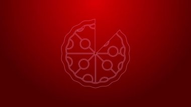 Yeşil çizgi pizza simgesi kırmızı arkaplanda izole edildi. Fast food menüsü. 4K Video hareketli grafik canlandırması