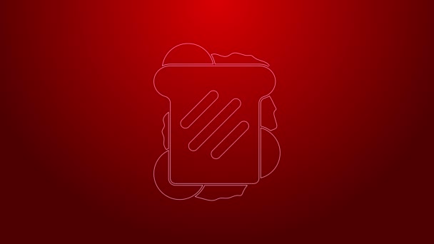 Green line Sandwich icon isolated on red background. Hamburger icon. Burger food symbol. Cheeseburger sign. Street fast food menu. 4K Video motion graphic animation — Stock Video