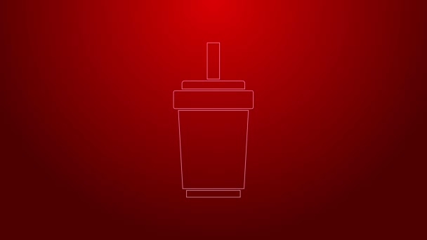 Línea verde Vidrio de papel con paja para beber e icono de agua aislado sobre fondo rojo. Un vaso de refresco. Símbolo de bebida fría fresca. Animación gráfica de vídeo 4K — Vídeo de stock