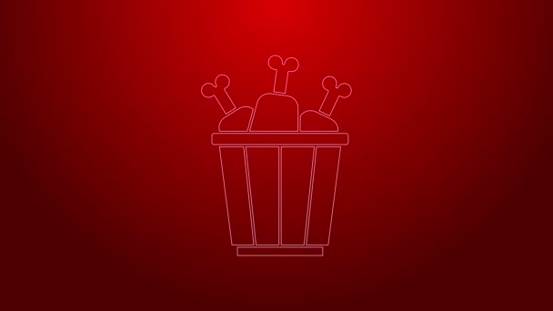Grüne Linie Hühnerbein in Verpackungsbox Symbol isoliert auf rotem Hintergrund. Chicken Drumstick. 4K Video Motion Grafik Animation — Stockvideo