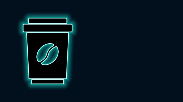 Linea neon incandescente Tazza di caffè per andare icona isolata su sfondo nero. Animazione grafica 4K Video motion — Video Stock