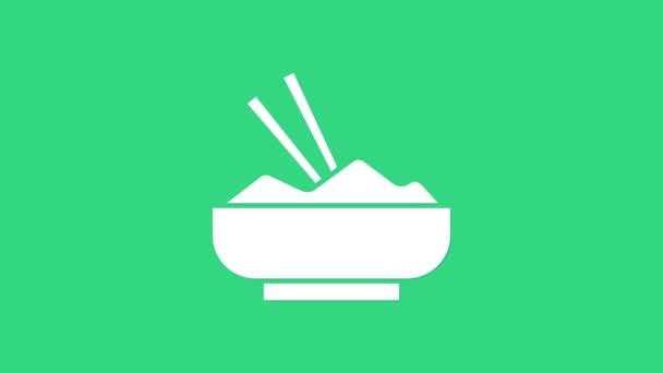 Riso Bianco in una ciotola con icona a bacchetta isolata su sfondo verde. Cucina tradizionale asiatica. Animazione grafica 4K Video motion — Video Stock