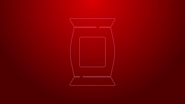 Línea verde Bolsa o paquete de papas fritas icono aislado sobre fondo rojo. Animación gráfica de vídeo 4K — Vídeo de stock