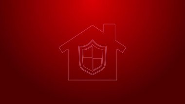 Yeşil Hat Evi, kırmızı arka planda izole edilmiş koruma simgesi altında. Ev ve kalkan. Koruma, güvenlik, güvenlik, koruma, savunma konsepti. 4K Video hareketli grafik canlandırması