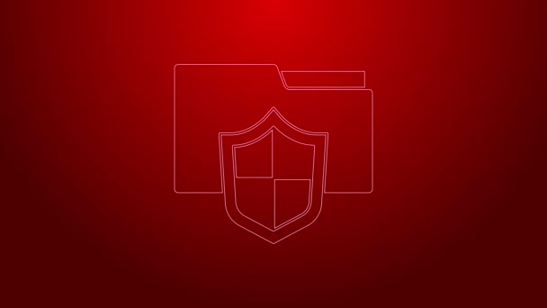 Línea verde Icono de concepto de protección de carpeta de documento aislado sobre fondo rojo. Información confidencial e idea de privacidad, guardia, escudo. Animación gráfica de vídeo 4K — Vídeos de Stock