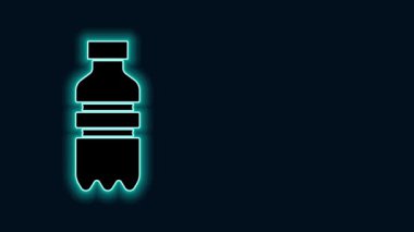 Parlayan neon hattı. Siyah arka planda izole edilmiş bir su ikonu şişesi. Soda su içme tabelası. 4K Video hareketli grafik canlandırması