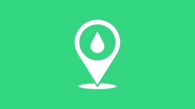 Yeşil arkaplanda konum simgesi olan beyaz su damlası. 4K Video hareketli grafik canlandırması