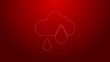 Kırmızı zemin üzerinde yağmur ikonu olan yeşil çizgi bulutu. Yağmur damlaları ile yağmur bulutu yağışı. 4K Video hareketli grafik canlandırması