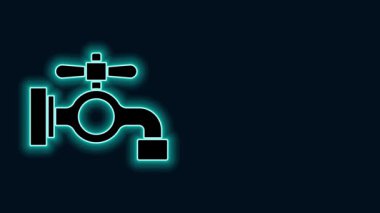 Parlayan neon hattı su musluğu simgesi siyah arkaplanda izole edildi. 4K Video hareketli grafik canlandırması