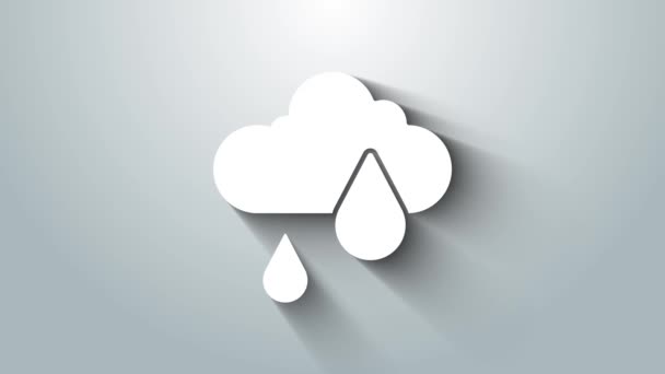 Vit moln med regn ikon isolerad på grå bakgrund. Regn moln nederbörd med regndroppar. 4K Video motion grafisk animation — Stockvideo