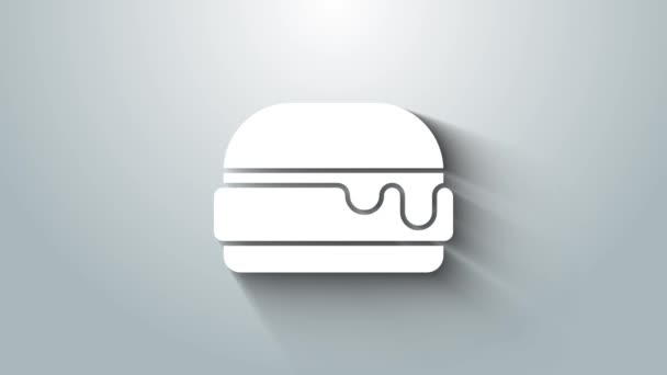 灰色の背景に隔離されたホワイトバーガーアイコン。ハンバーガーのアイコン。チーズバーガーのサンドイッチの看板。ファーストフードメニュー。4Kビデオモーショングラフィックアニメーション — ストック動画