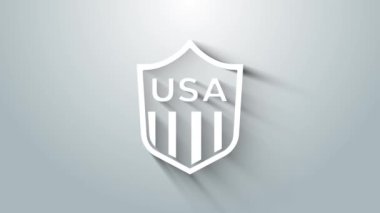 Gri arkaplanda izole edilmiş yıldız ve şerit ikonlu Beyaz Kalkan. Amerika Birleşik Devletleri bayrağı. 4 Temmuz. ABD Bağımsızlık Günü. 4K Video hareketli grafik canlandırması