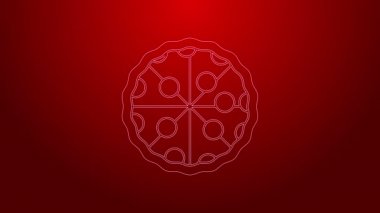 Yeşil çizgi pizza simgesi kırmızı arkaplanda izole edildi. Fast food menüsü. 4K Video hareketli grafik canlandırması