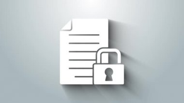 Beyaz Belge ve kilit simgesi gri arkaplanda izole edildi. Dosya biçimi ve asma kilit. Güvenlik, güvenlik, koruma kavramı. 4K Video hareketli grafik canlandırması